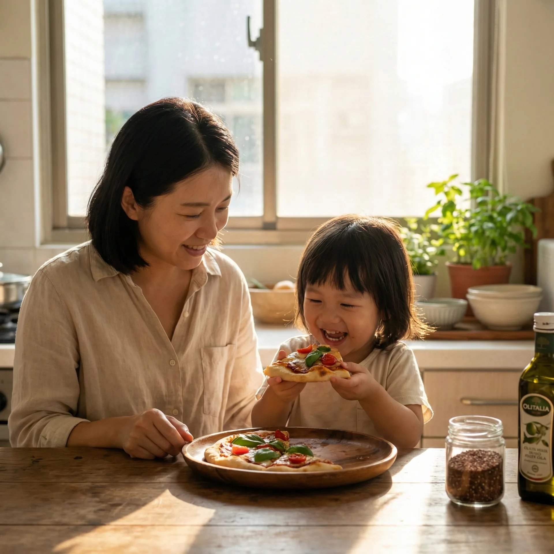 孩子開心享用醒醒機能披薩的早晨時光
